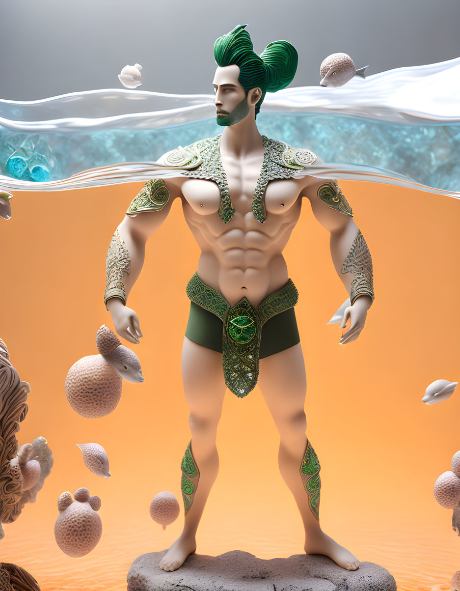Stylized male figure with green hair and golden patterns among floating orbs and waves