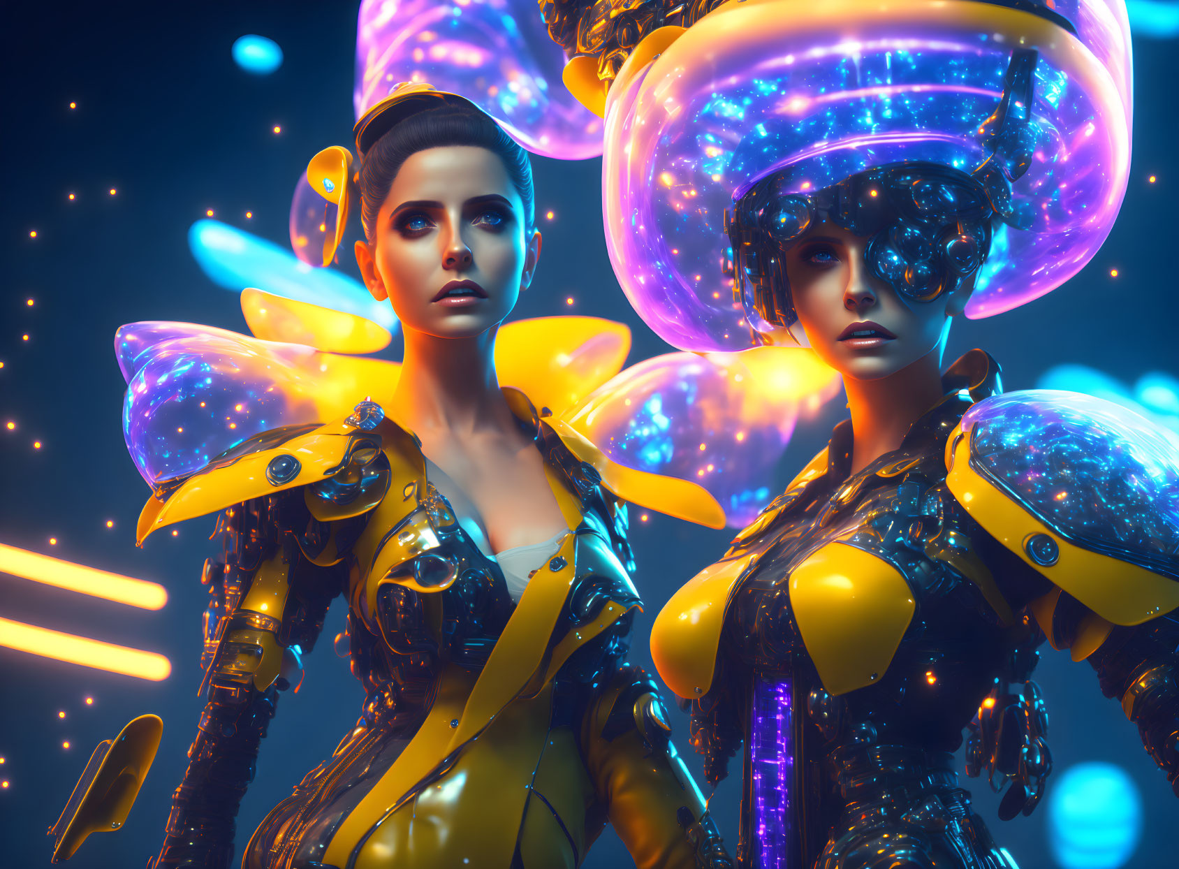 Futuristic women in space-themed headgear and armor against neon-lit backdrop