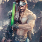 Muscular, bearded character with glowing sword in snowy mountain scene