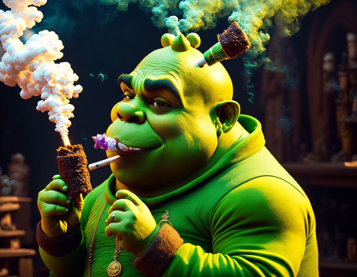 Stylized image of character smoking cigar with marshmallows in whimsical setting