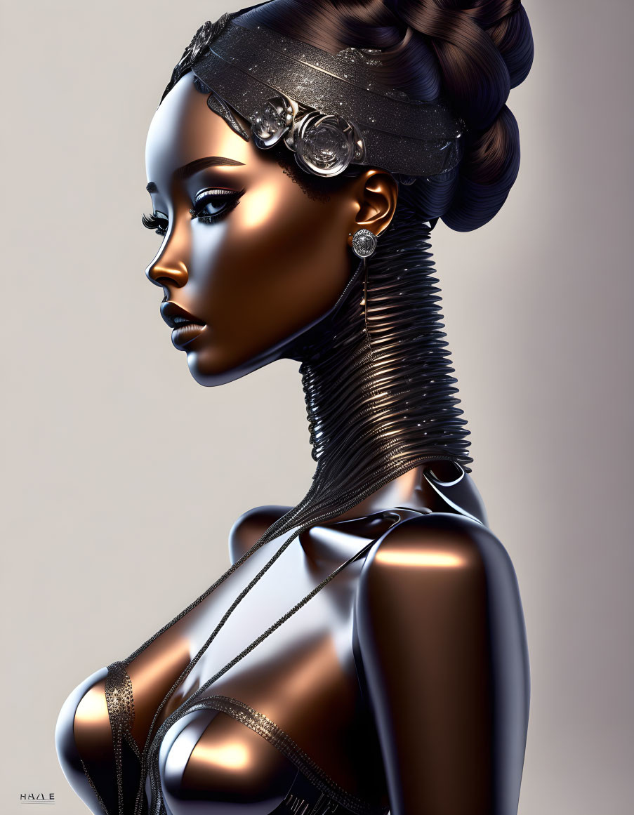 Futuristic digital art: Woman with glossy skin and elaborate headdress