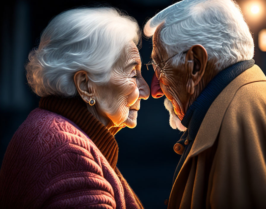 Elderly couple touching foreheads affectionately in warm light