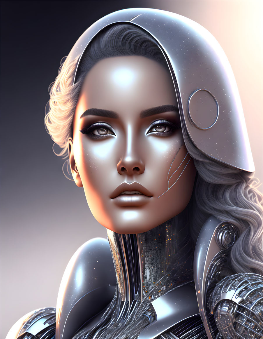 Female Android in Futuristic Helmet & Silver Suit Artwork