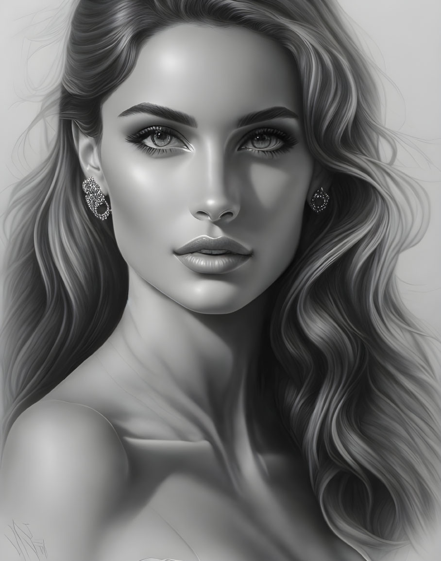 Monochrome illustration of a woman with wavy hair and elegant earrings