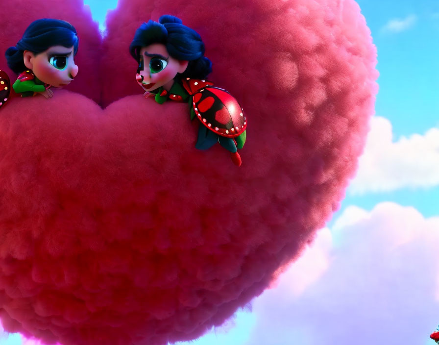 Animated characters in ladybug costumes on heart-shaped cloud in blue sky