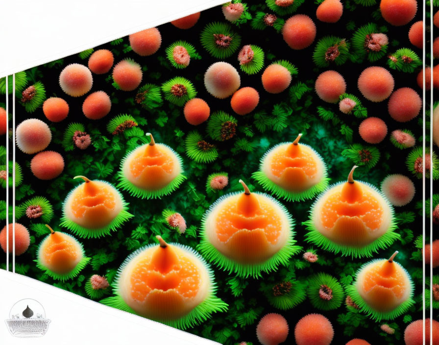 Colorful 3D fractal design with peach and red spheres on green starburst background