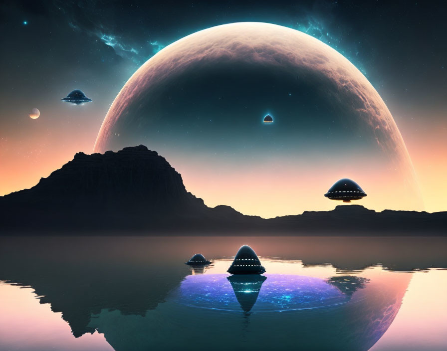 Night landscape with large planet, UFOs, and moon over reflective water