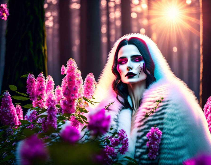 Person with dramatic makeup in hood surrounded by pink flowers in ethereal forest.