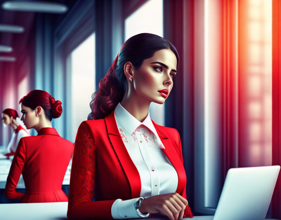 Professional Woman in Red Suit Working on Laptop in Modern Office