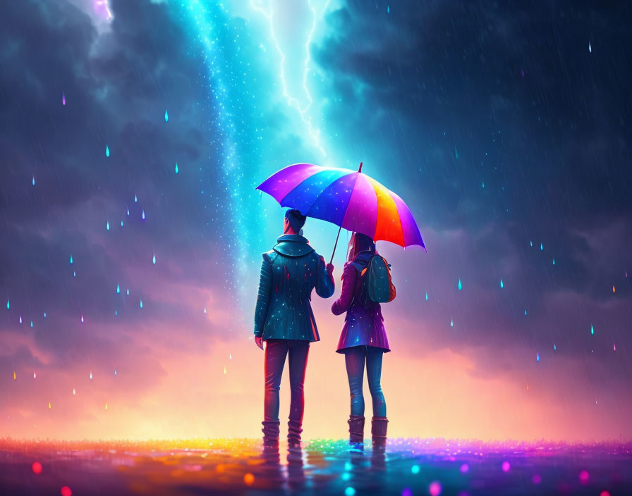 Vibrant umbrella under stormy sky with lightning and colorful sunset.
