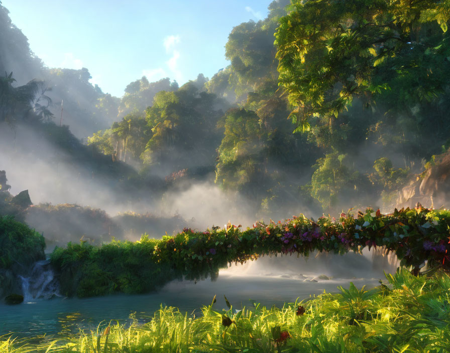 Tranquil Tropical Forest Scene with River, Flowers, and Sunlight