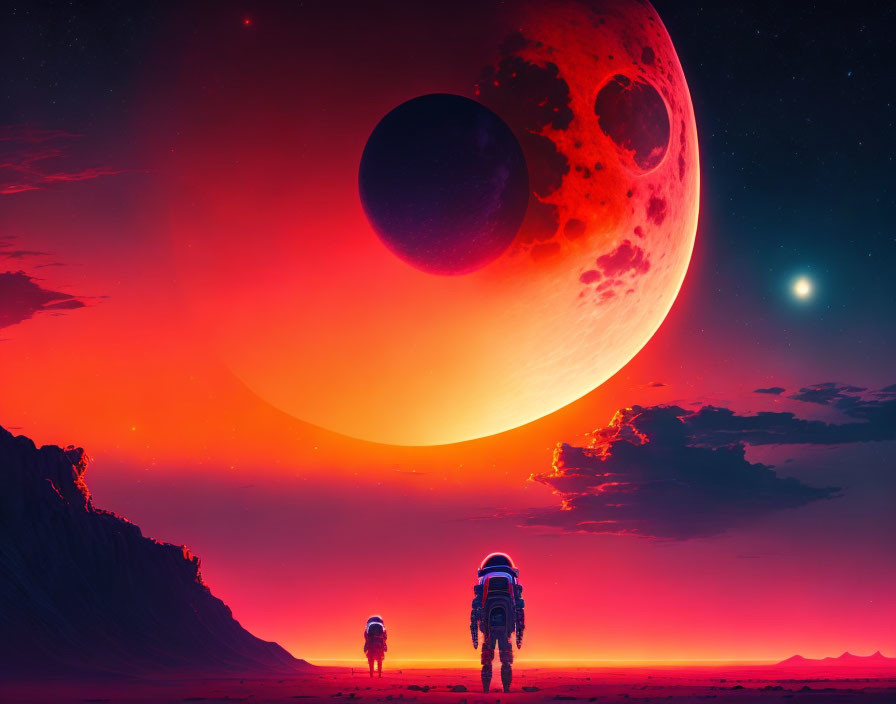 Astronauts exploring alien planet under red sun and two moons