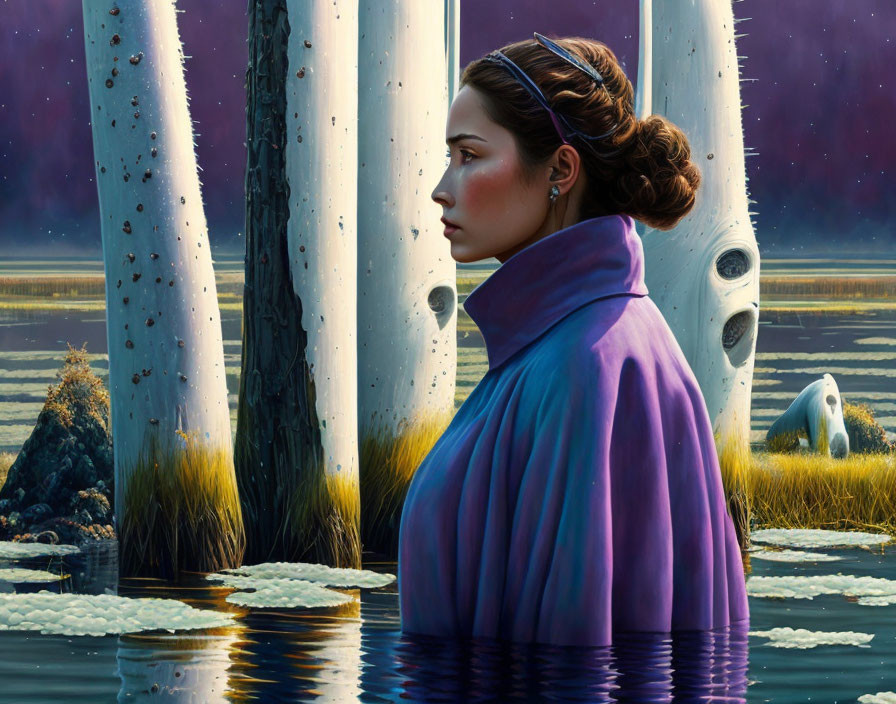 Woman in Purple Cloak Among White Trees Reflecting in Water Under Purple Starry Sky with Creatures in