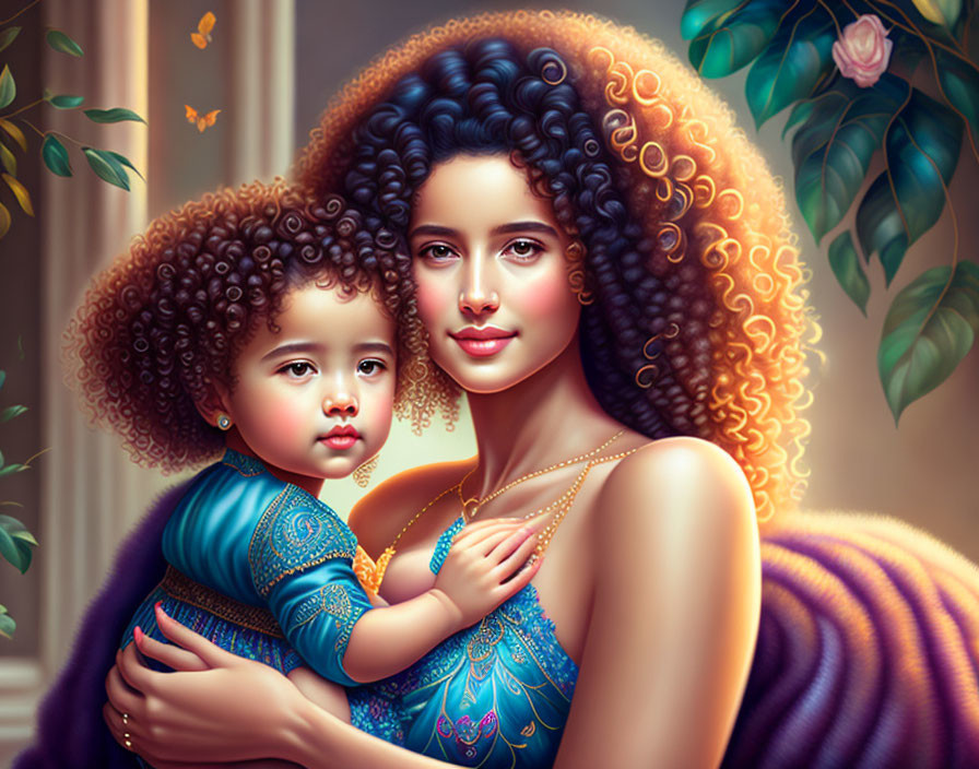 Woman holding curly-haired child in warm floral background: A serene illustration