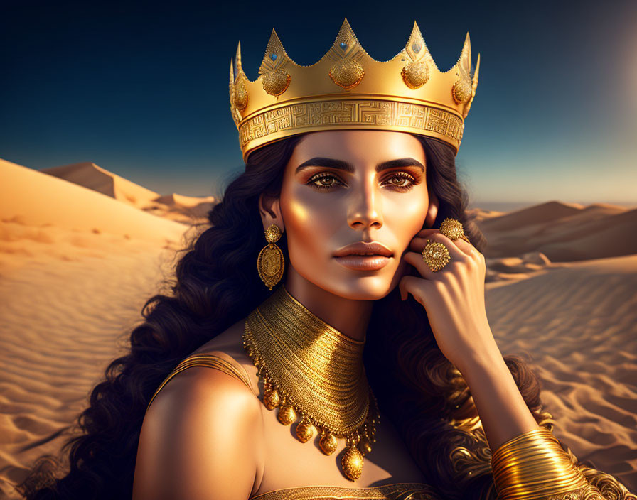Regal woman with golden crown and jewelry in desert backdrop