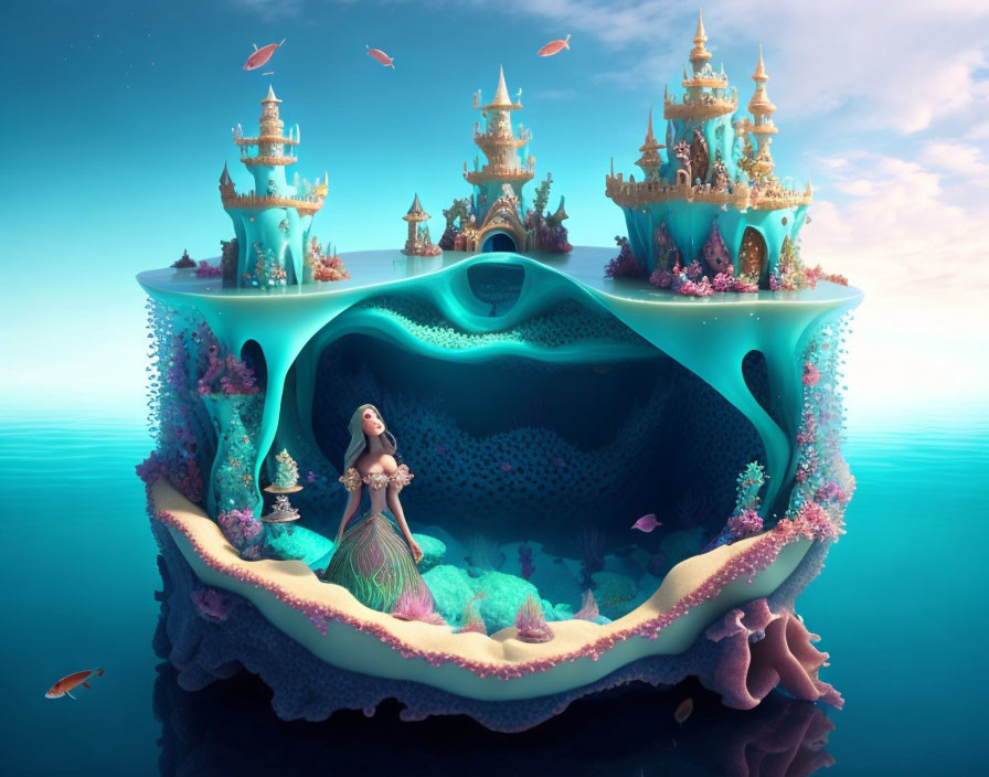 Vibrant coral kingdom with mermaid and floating castles