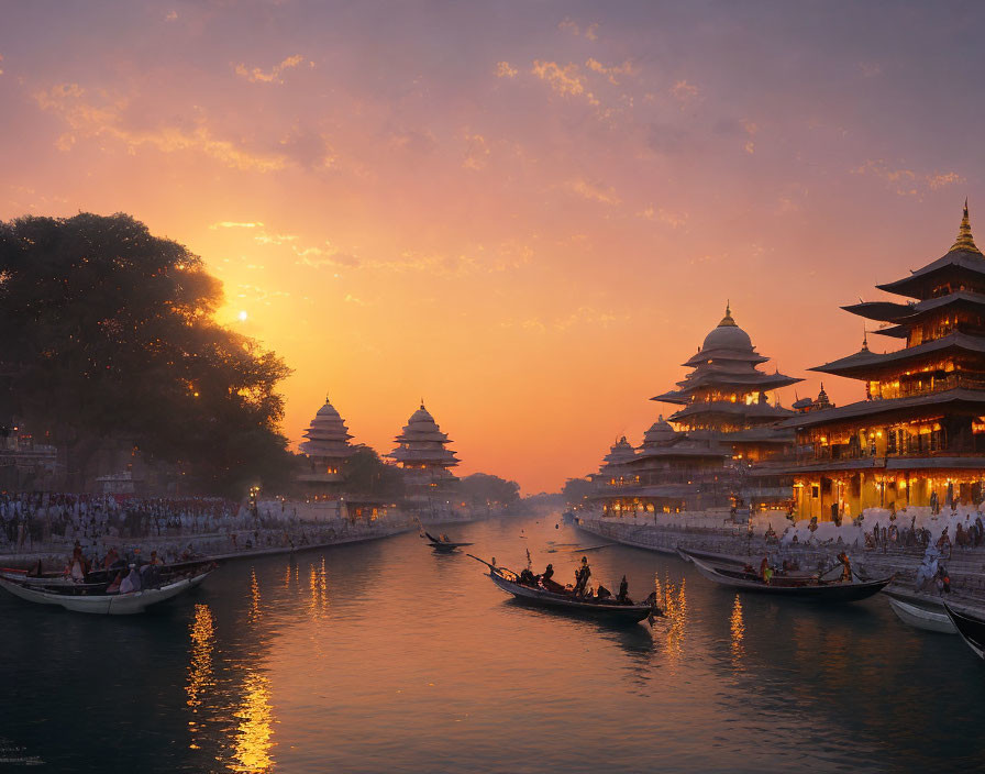 River with boats and pagodas under warm sunset hues