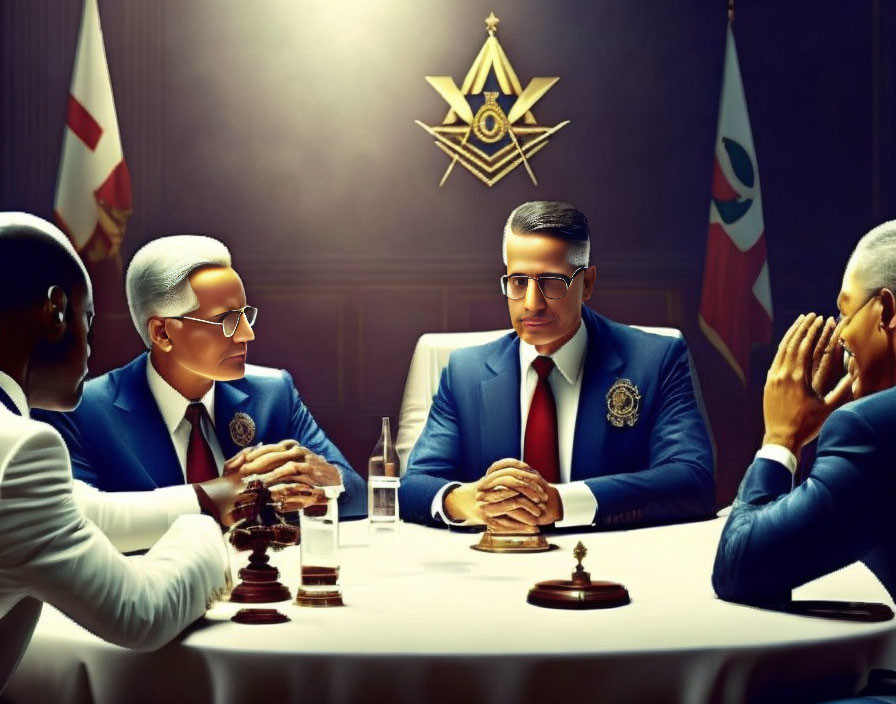 Group of people in formal attire discussing with Masonic symbols on table