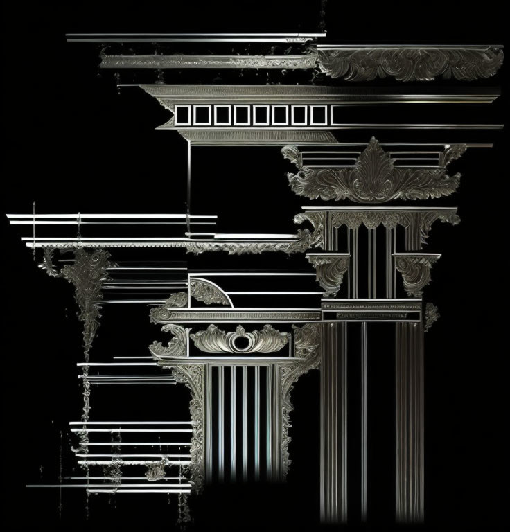 Abstract Digital Art: Fragmented Classical Architecture in White and Grey