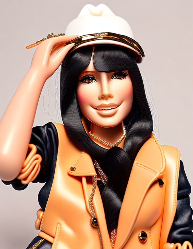 Stylized female character with shiny black hair and white cap in orange jacket