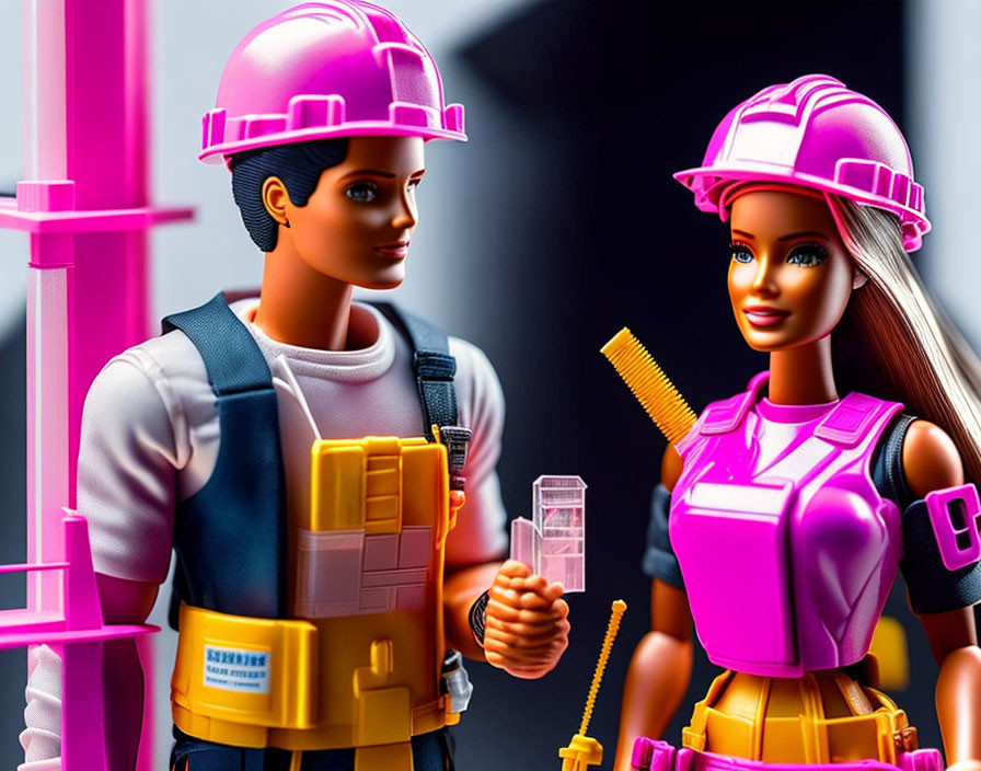 Miniature construction worker dolls with hard hats and reflective vests next to pink beams.