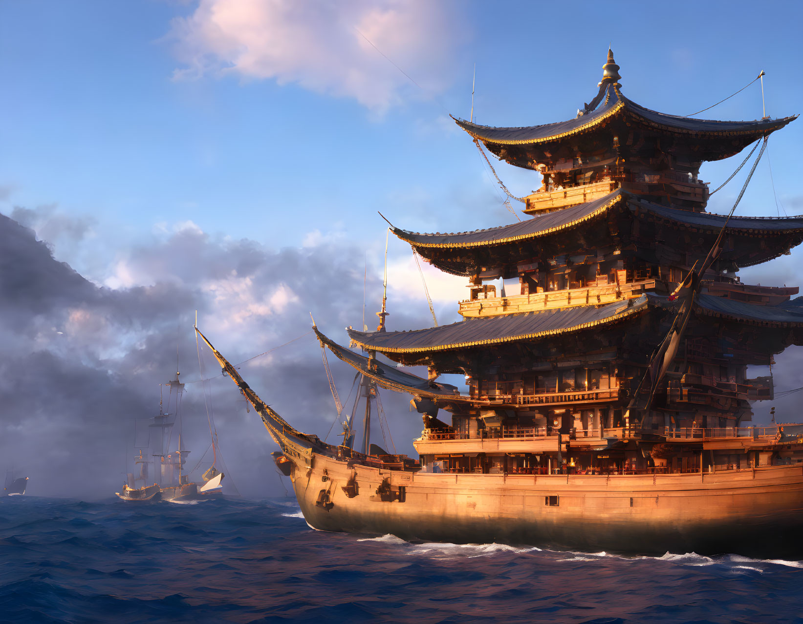 Traditional East Asian Ship Sailing on Ocean at Sunset