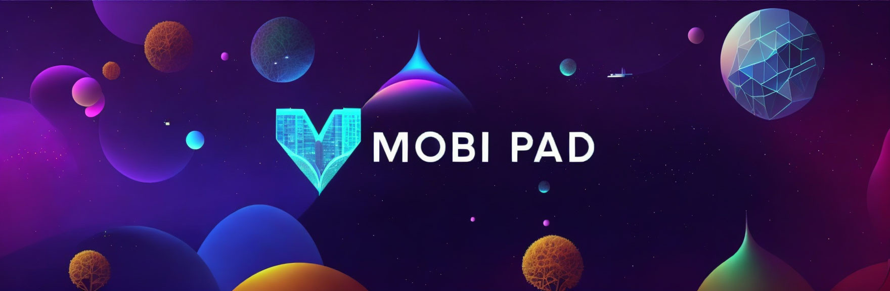 Colorful digital artwork with "MOBI PAD" text, stylized planets, trees, spaceship,