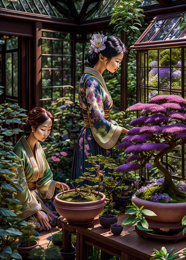 Women tending bonsai and flowers in glass-roofed garden room