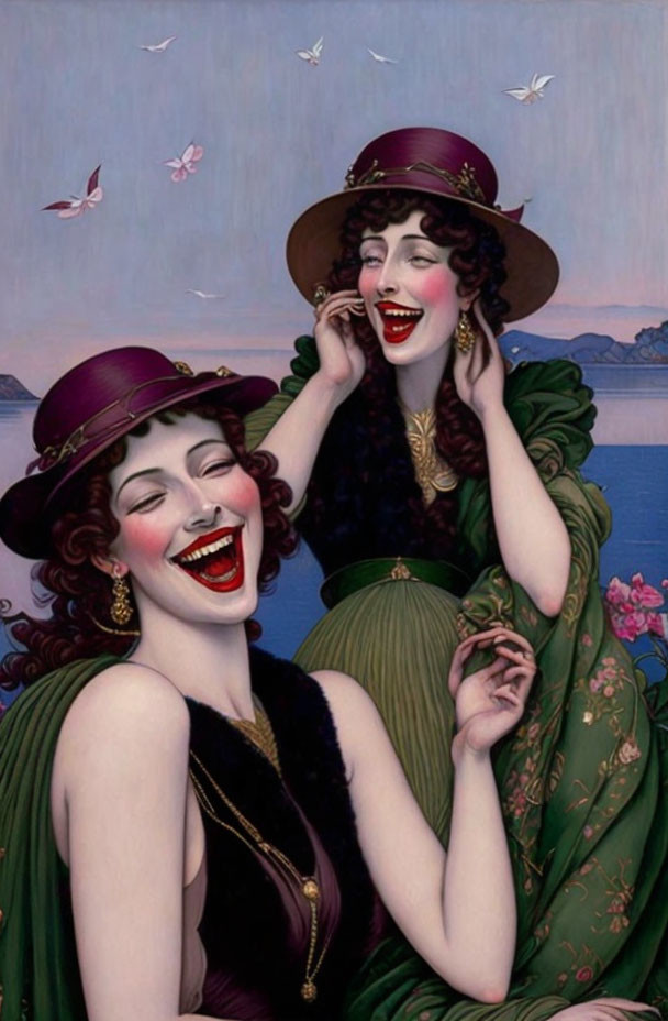 Vintage-styled women in hats laughing joyfully by serene lake and birds