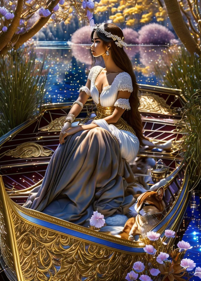 Digital art: Elegant woman in historical gown on boat with cat, surrounded by water and sparkles,