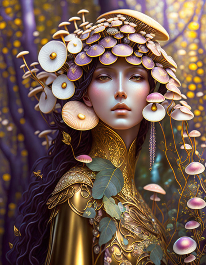 Digital artwork: Woman with gold and mushroom fantasy headdress on purple and golden flora backdrop