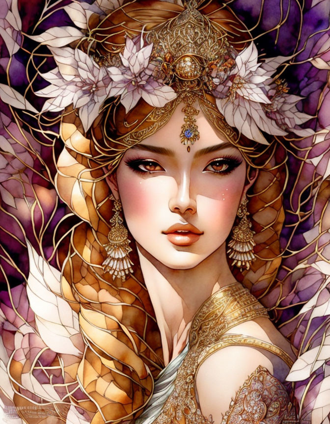 Illustrated portrait of woman with gold jewelry, floral headdress, and purple accents