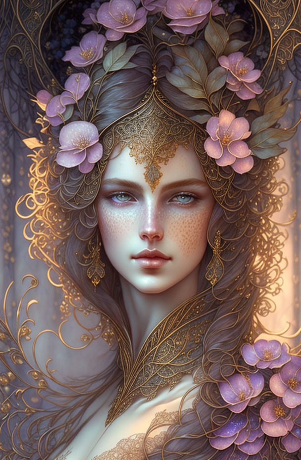 Fantasy portrait of woman with golden headdress and purple flowers
