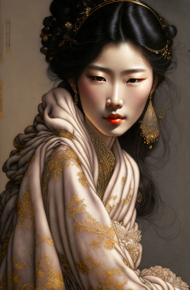 Digital Artwork: Asian Woman in Traditional Attire with Gold Accents