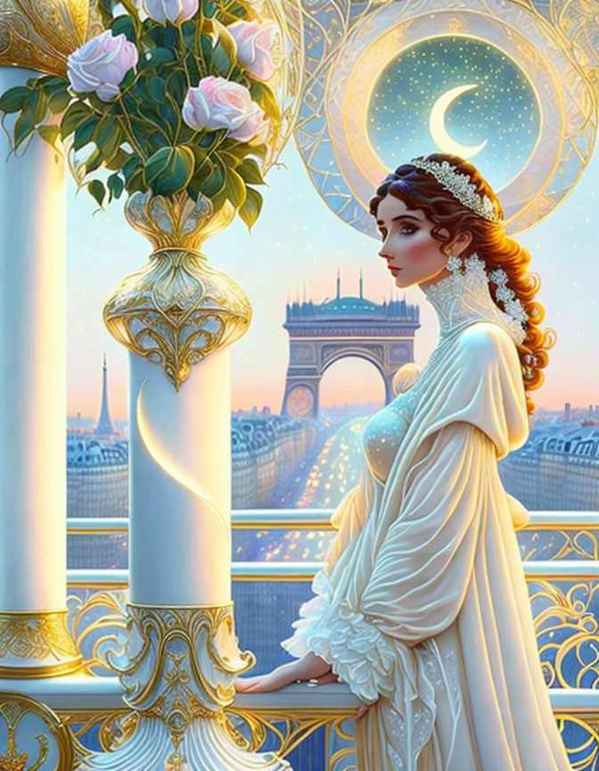 Illustrated woman in vintage gown on balcony overlooking Eiffel Tower and ornate columns.