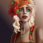 Stylized portrait of woman with 1920s flapper look, beaded headband,