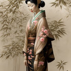 Traditional geisha illustration in floral kimono against bamboo.