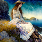 Woman in flowing dress with floral crown on cliff overlooking sea, seagulls and rocky islets.