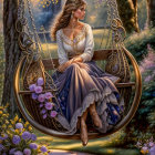Vintage-dressed woman on golden swing in lush forest