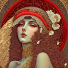 Art Nouveau Woman Illustration with Curly Hair and Red Headband