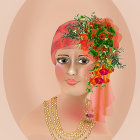 Stylized portrait of woman with golden jewelry and floral headdress on peach background