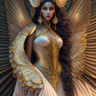 Fantasy illustration of woman with regal headdress and wing-like embellishments