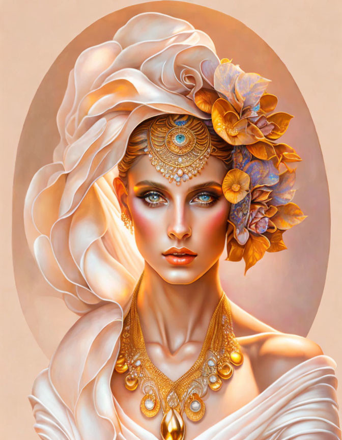 Stylized portrait of woman with golden jewelry and floral headdress on peach background