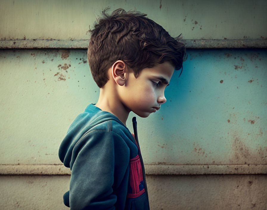 Young boy in hoodie against rusty wall with thoughtful expression