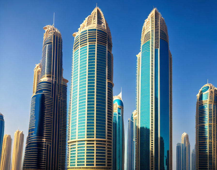 Contemporary skyscrapers with blue and gold facades in urban setting