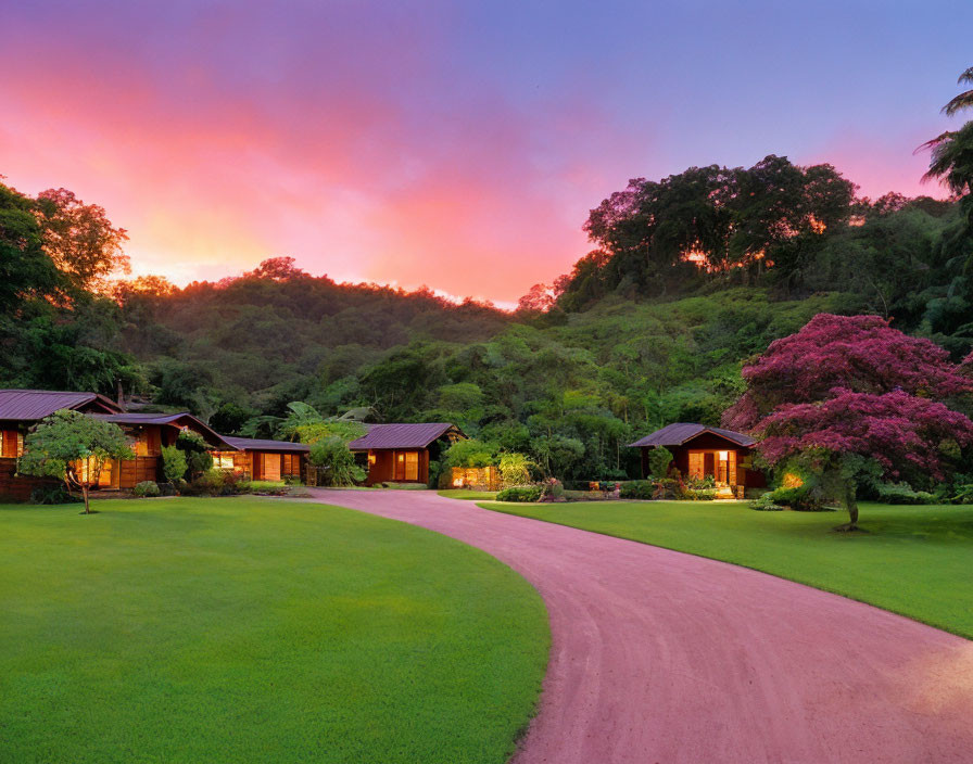 Cozy cabins in lush greenery under vibrant sunset sky