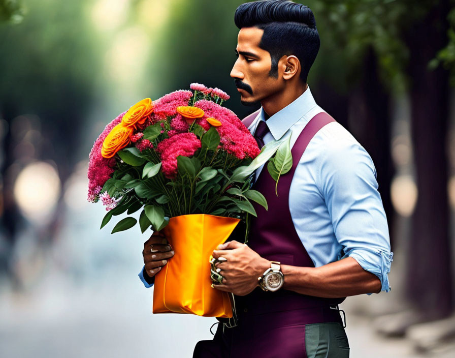 Man in formal attire with bouquet of colorful flowers on city street