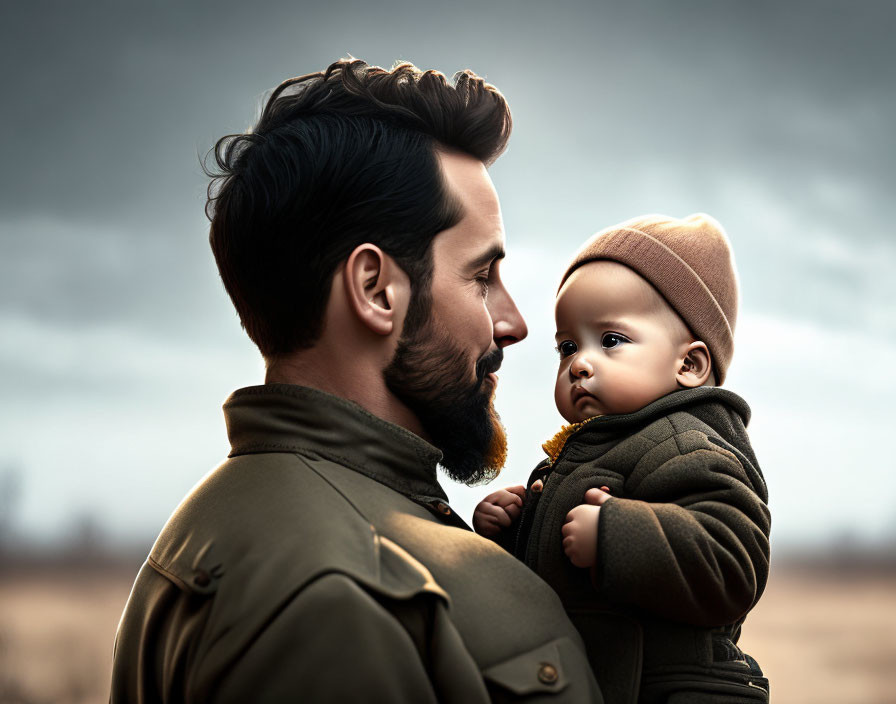 Bearded man holding baby in warm jackets under cloudy sky