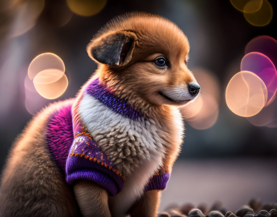 Fluffy Corgi Puppy in Purple Sweater Outdoors with Bokeh Lights