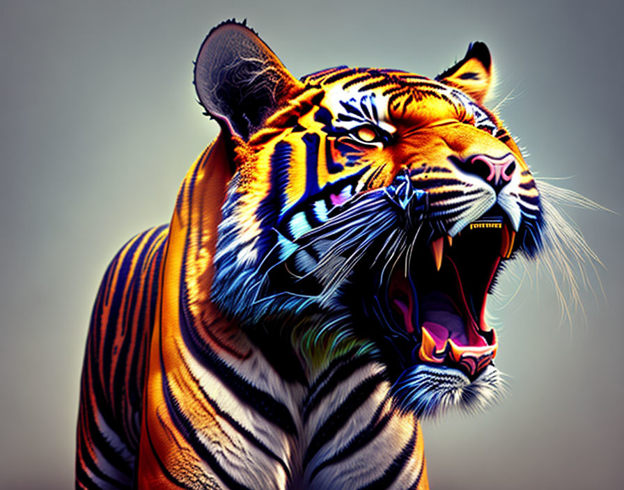 Vibrant roaring tiger with enhanced colors and fierce expression